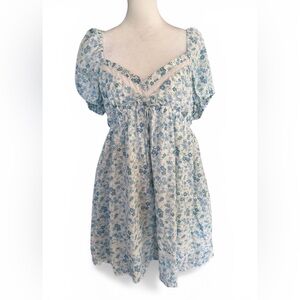 XL new Altar’d state blue floral peasant mini Easter dress crochet white lace